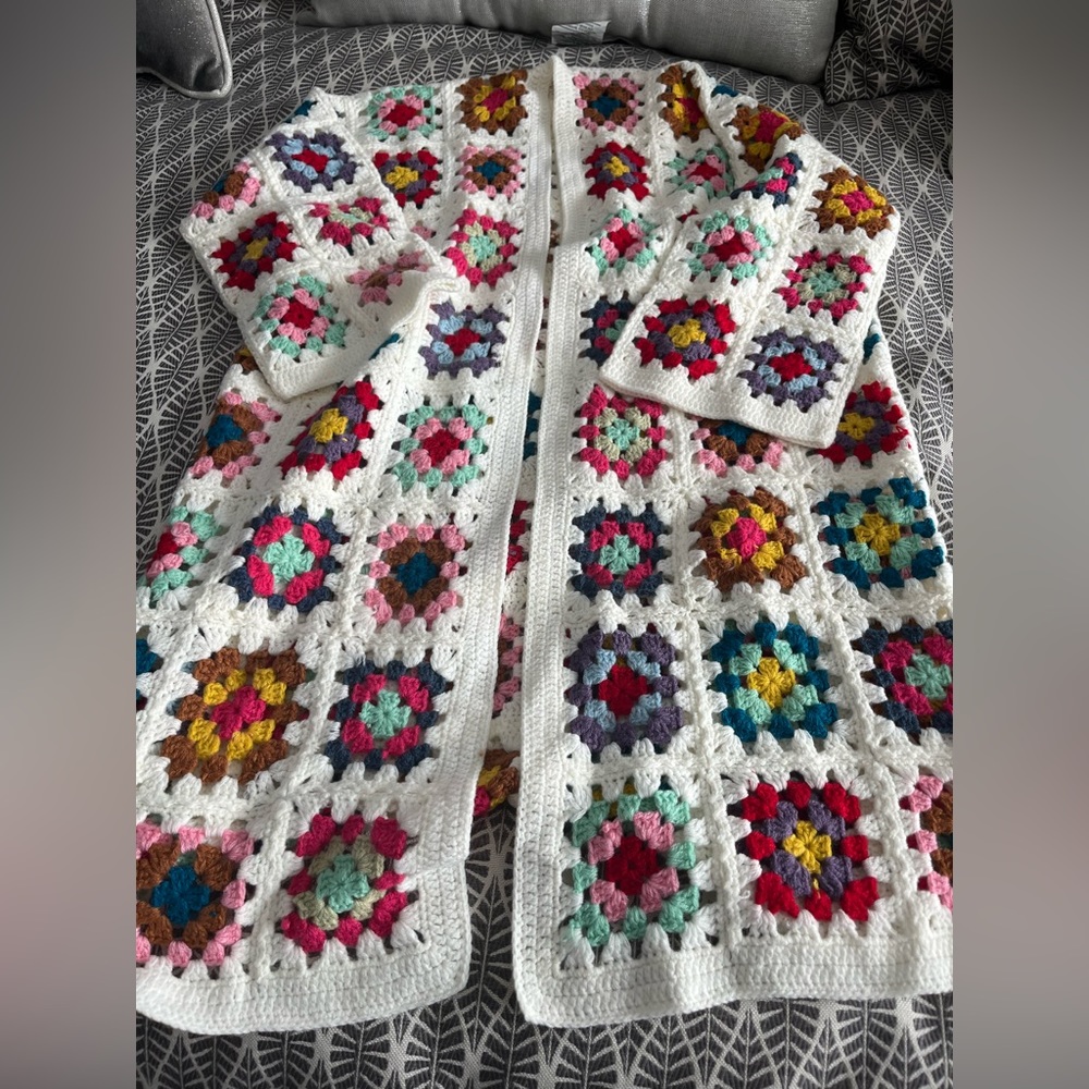 Honey Punch White Crochet Granny Square Multicolor Cardigan